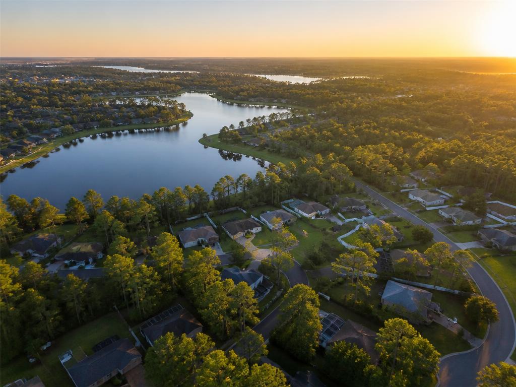 Aerial view of Central Florida suburbs and lakes at golden hour